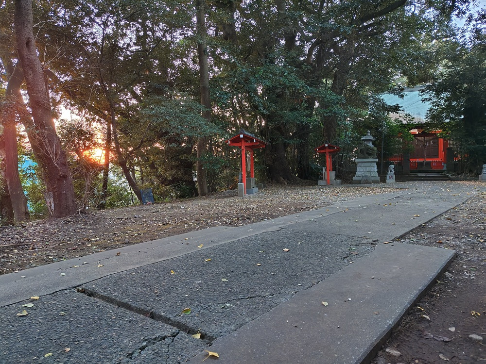 夕焼けに染まる神社と秋の空の風景